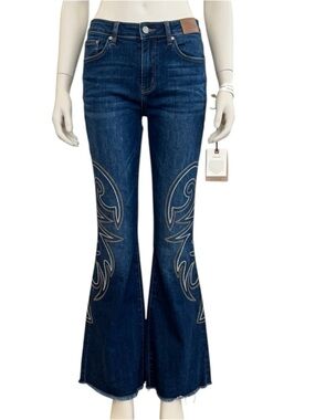 Shyanne Dark Blue Flared Jeans with Embroidered Detail Size 32 Bell bottom